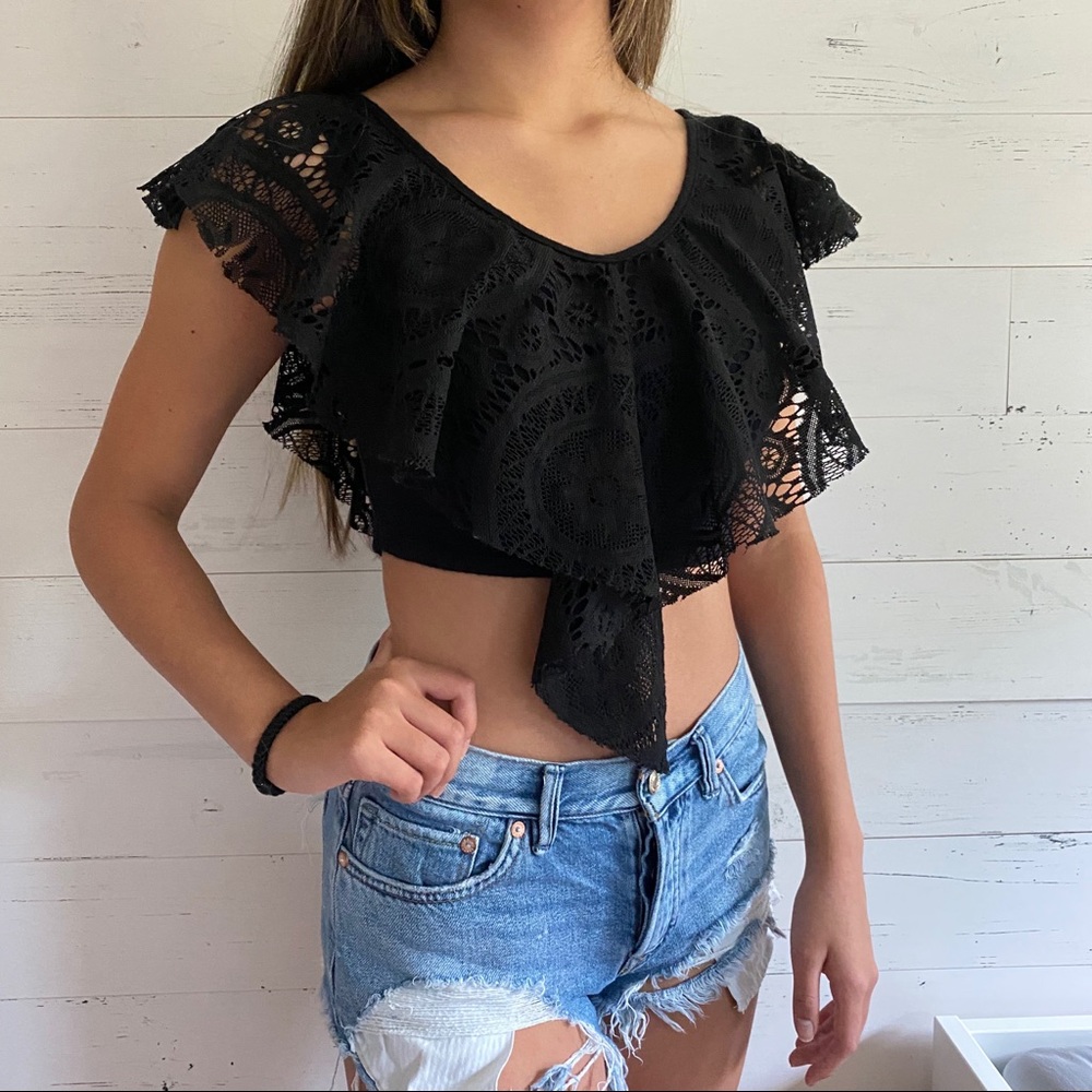 Black lace flutter sleeve crop